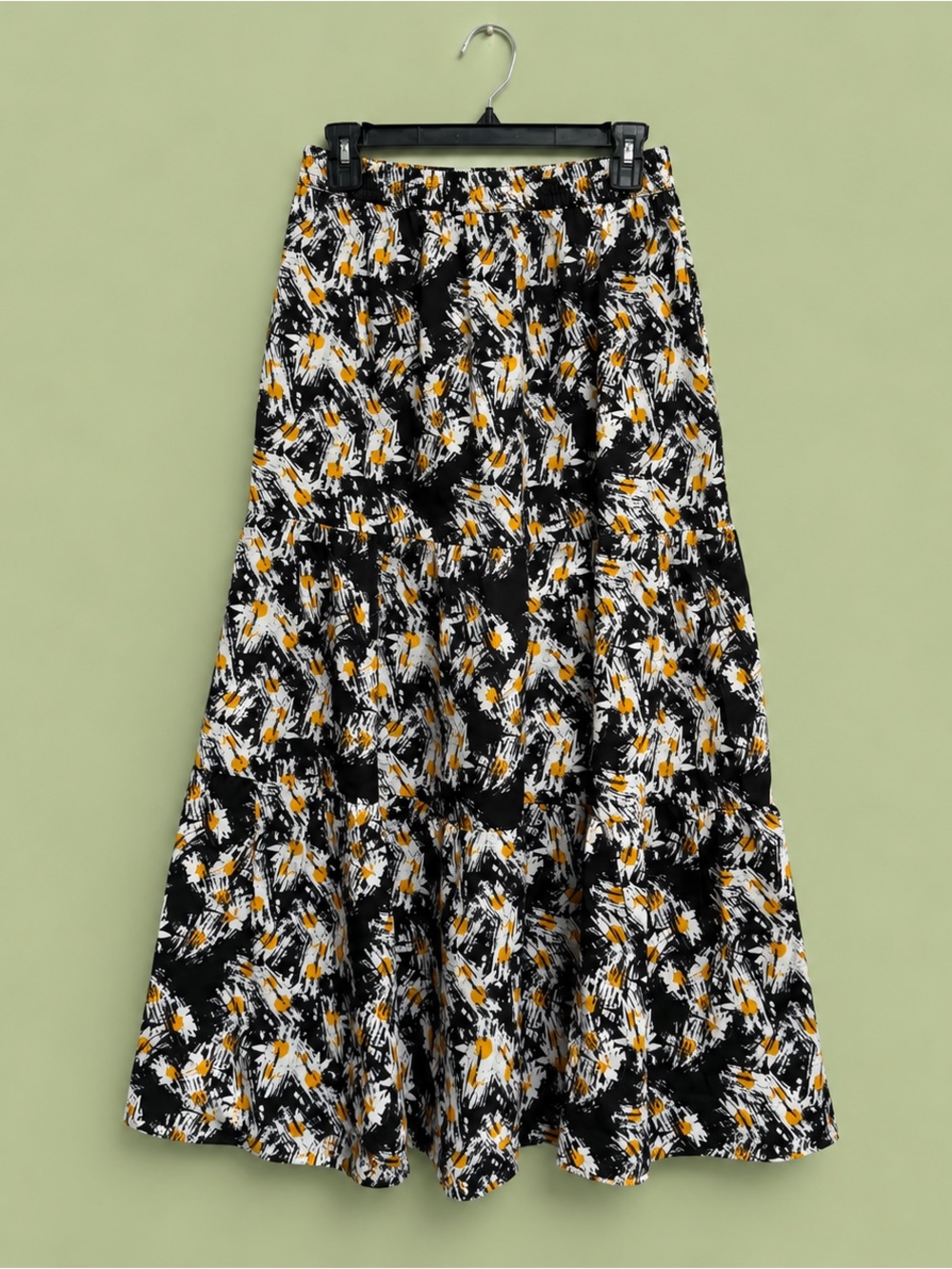 Lucy & Yak Black Floral Brushstroke Maxi Skirt with Yellow Highlights